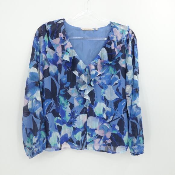 Soft‎ Surroundings Shirt Womens Large Blue Floral Ruffle Corpcore Chiffon V Neck - Picture 1 of 13